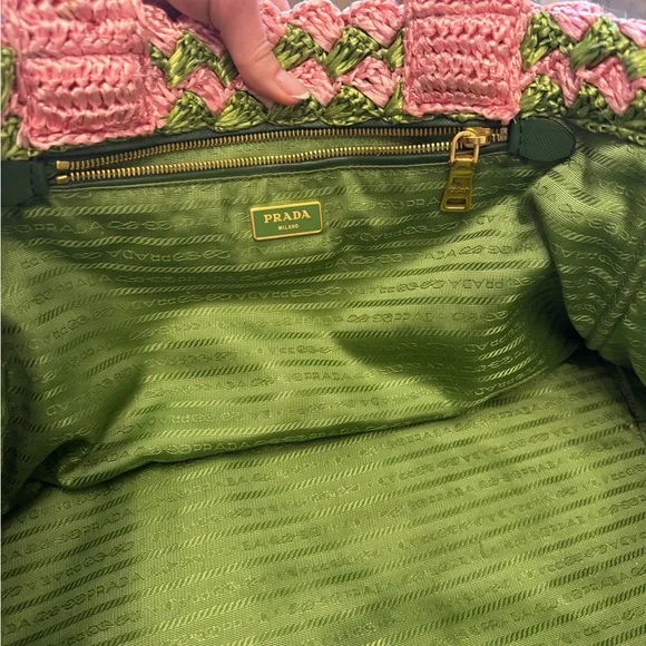PRADA Pink & Green Woven Beach Bag - Picture 9 of 11